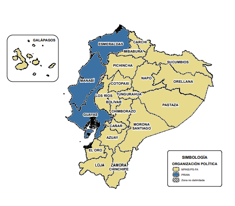 Resultados por provincia de la segunda vuelta de las elecciones presidenciales de 2006. El azul representa a Álvaro Noboa (PRIAN) y el amarillo a Rafael Correa (Alianza País).