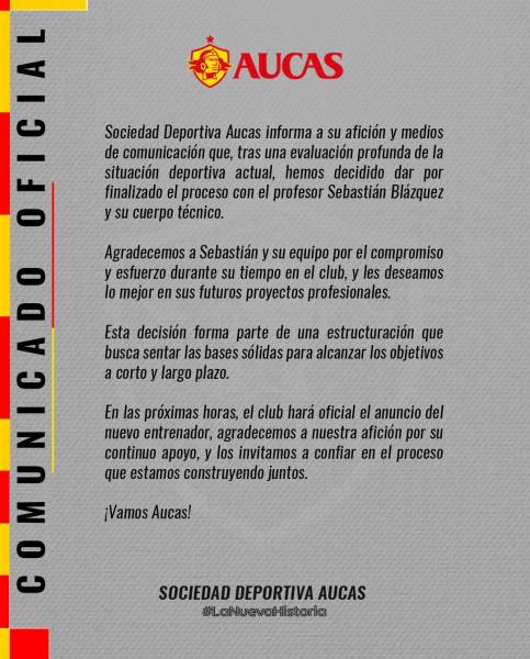 Aucas despidió a Sebastián Blázquez y se queda sin director técnico