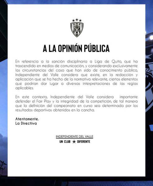 Independiente del Valle se pronuncia sobre la sanción a Liga de Quito