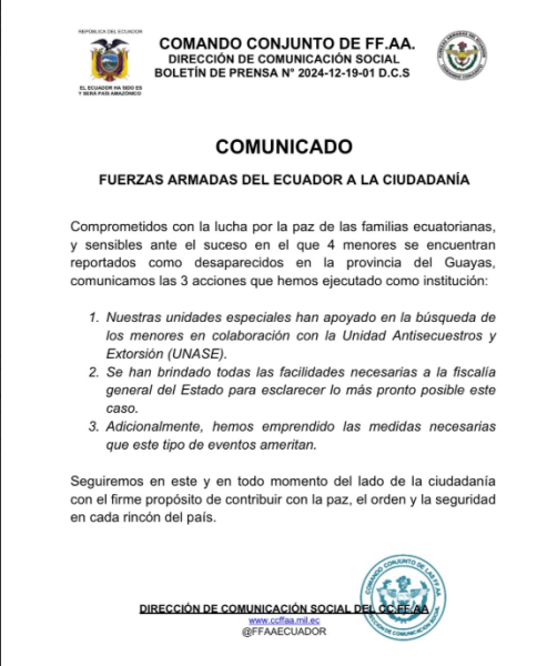 Comunicado oficial sobre la desaparición de cuatro menores de edad en Guayaquil.