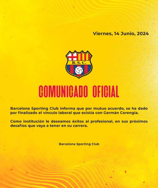 Barcelona SC anunció la salida de Germán Corengia como director deportivo