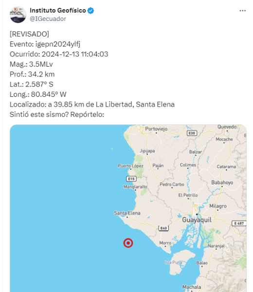 Imagen del sismo registrado en el mar frente a Santa Elena.