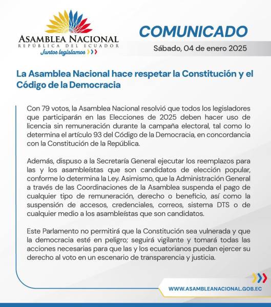 Comunicado del Legislativo sobre la licencia sin remuneración para los asambleístas que buscarán la reelección.