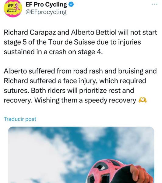 Richard Carapaz se retira del Tour de Suiza tras sufrir una caída en la cuarta etapa