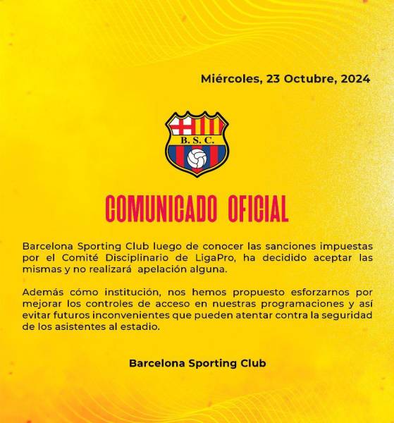 Barcelona SC fue multado con más de USD 80 000 por incidentes en el Clásico del Astillero