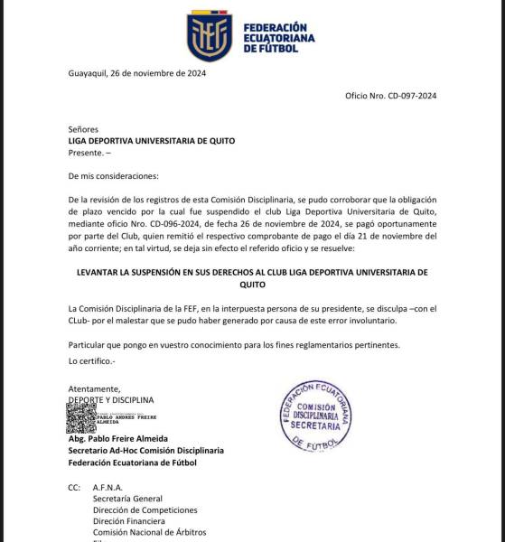 La FEF rectifica y asume su error al sancionar a Liga de Quito por presunta deuda con Renato Ibarra