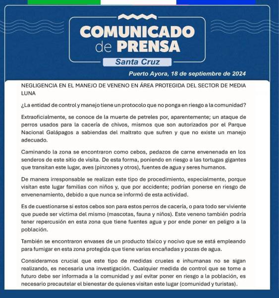 Ciudadanos enviaron un comunicado denunciando el envenenamiento de perros en la isla Santa Cruz, en Galápagos.