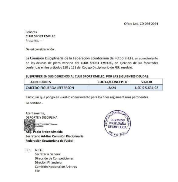 La FEF suspende a Emelec por una deuda con Jefferson Caicedo