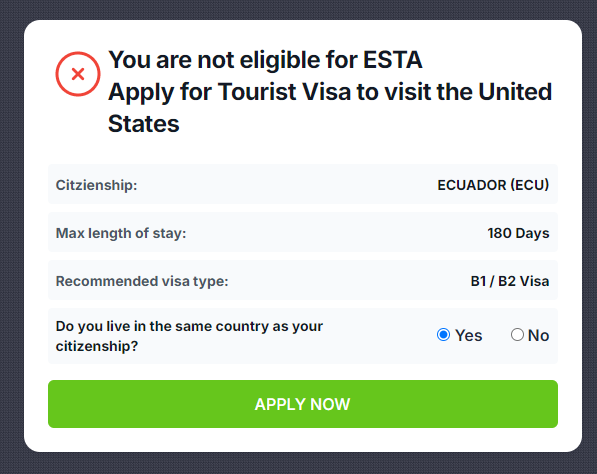 Los ciudadanos ecuatorianos no son elegibles para aplicar al ESTA.