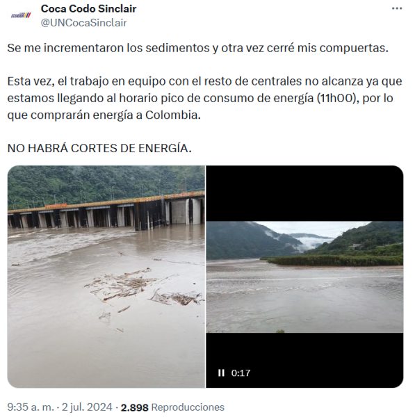 En la cuenta de X de la hidroeléctrica se precisó que se comprará electricidad a Colombia para no ordenar nuevos apagones.