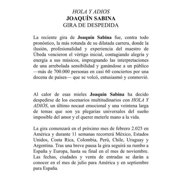 Comunicado de prensa de Joaquín Sabina