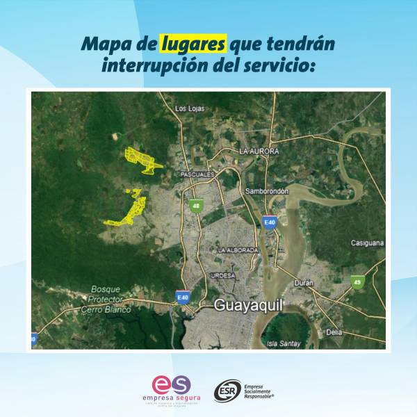 Mapa de los sectores que tendrán cortes de agua en Guayaquil este 4 de octubre.