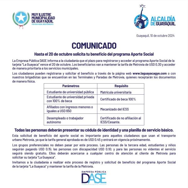 Comunicado sobre el periodo de inscripción para la tarjeta La Guayaca.