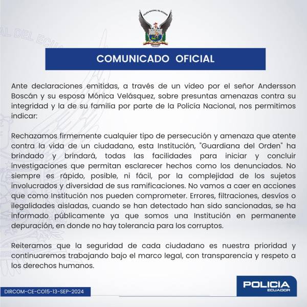 Imagen del comunicado de la Policía Nacional sobre lo denunciado de Andersson Boscán y Mónica Velásquez.