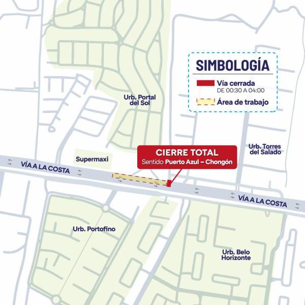 Mapa del cierre vial que realizará la ATM en la vía a la Costa.