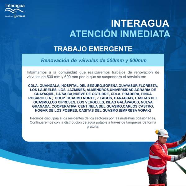 Los cortes de agua responden a obras emergentes que realizará Interagua en el sur de Guayaquil.