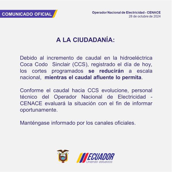 Los horarios de cortes de luz se reducirán este lunes 28 de octubre de 2024, por el aumento del caudal en la hidroeléctrica Coca Codo Sinclair.