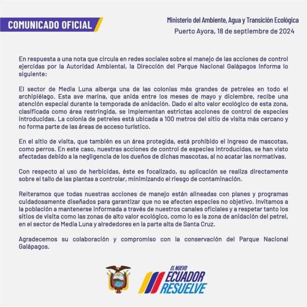 En septiembre, la entidad emitió un comunicado ante las críticas en redes sociales por el manejo de control de especies introducidas en Galápagos.