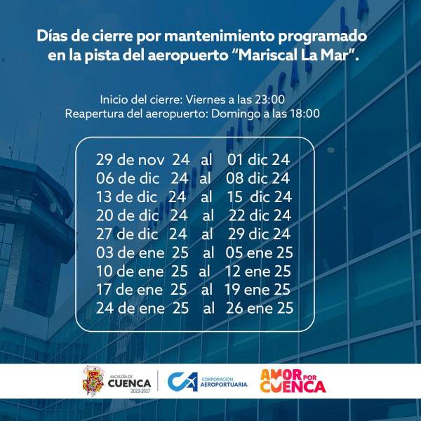 Cronograma de cierres por mantenimiento de pista en el aeropuerto de Cuenca.