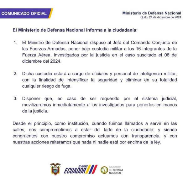 Comunicado sobre los 16 militares investigados por la desaparición de cuatro menores de edad en Guayaquil.