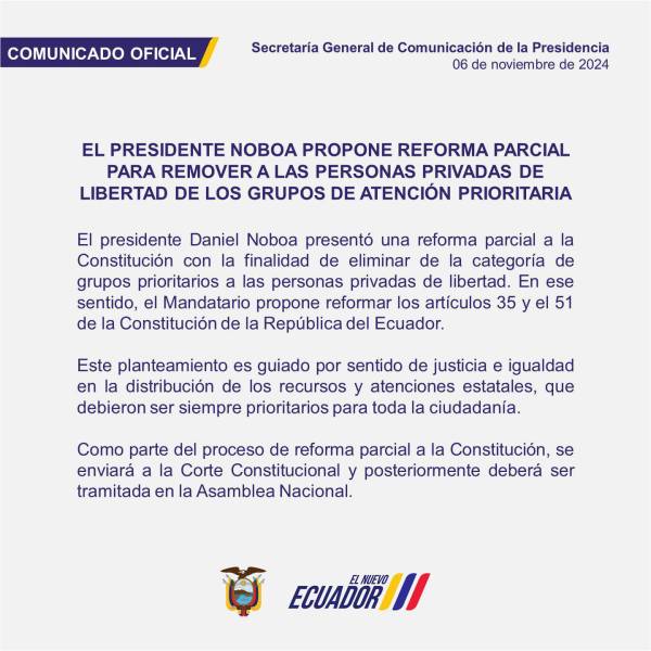 Daniel Noboa propone reforma parcial para remover a reos de grupos de atención prioritaria