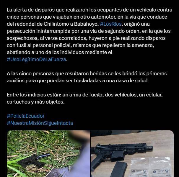 Un hombre fue abatido por la Policía tras una persecución en Babahoyo, provincia de Los Ríos.