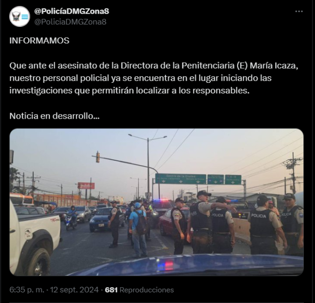 Tuit de la Policía Nacional en el que anuncia que están investigando el asesinato de la funcionaria del SNAI.