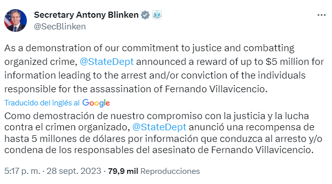 Asesinato Fernando Villavicencio: Estados Unidos ofrece recompensa de hasta cinco millones de dólares por información