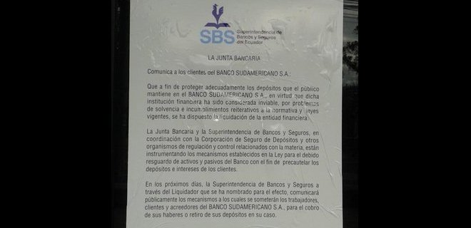 Banco Sudamericano será sometido a proceso de liquidación forzosa