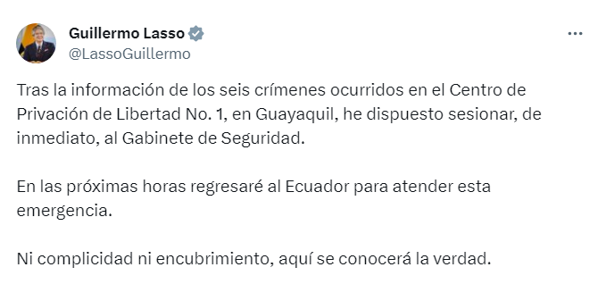 Guillermo Lasso suspende viaje fuera del país y convoca gabinete de seguridad tras nueva crisis en la Penitenciaría del Litoral