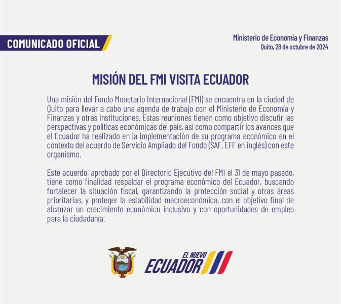 Una misión del FMI cumple agenda de trabajo en Quito, este 28 de octubre de 2024.