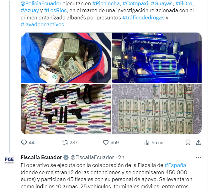 Captura de tuits sobre el operativo de crimen transnacional en Ecuador.