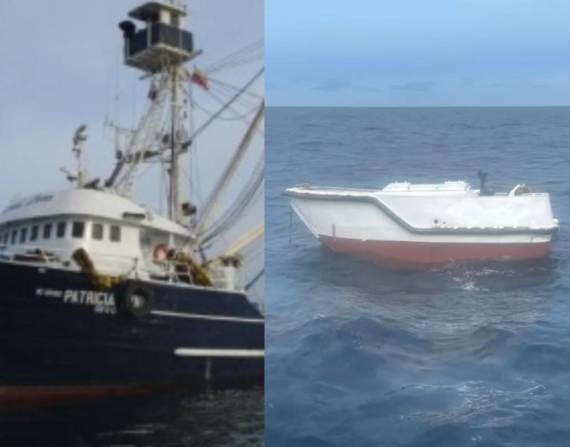 Imagen de la embarcación Patricia Lynn, donde partieron pescadores desde Manta quienes se encuentran desaparecidos actualmente, y un un bote auxiliar del barco, encontrado en altamar.