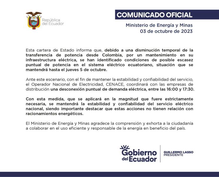 El Ministerio de Energía anuncia cortes de luz en Ecuador hasta el jueves 5 de octubre