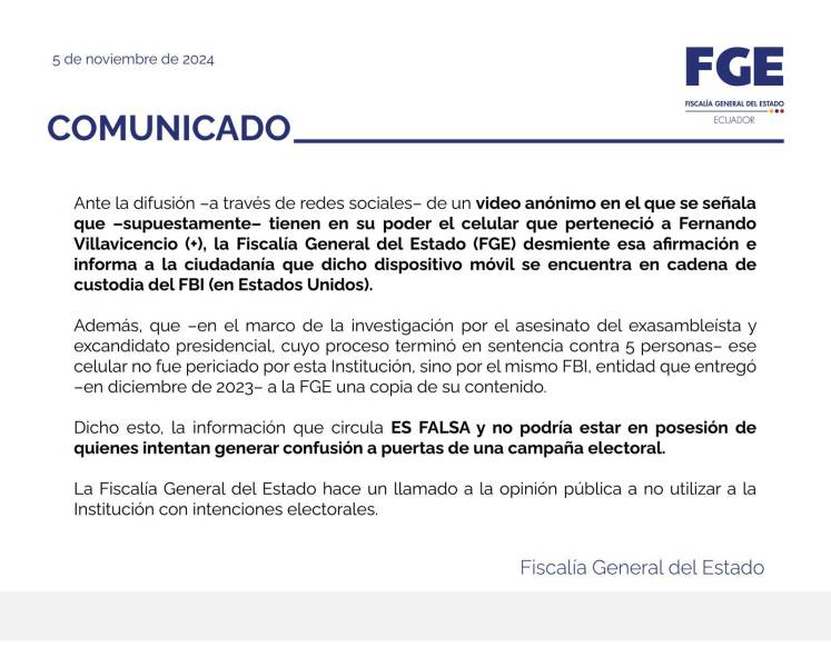 Comunicado referente al celular de Fernando Villavicencio.