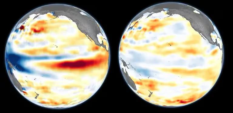 Los mapas muestran anomalías en la altura de la superficie del mar en el centro y este del océano Pacífico, observadas el 1 de julio de 2024 (derecha), durante la fase neutra, en comparación con el 4 de diciembre de 2023 (izquierda), cerca del pico de El Niño.