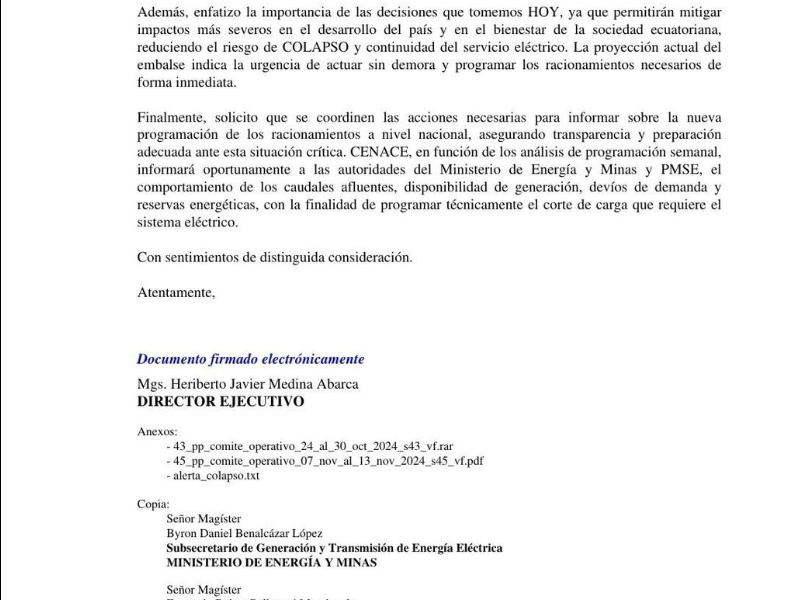 ¿Apagones de hasta 14 horas en Ecuador? Documento de Cenace alerta sobre posible colapso energético