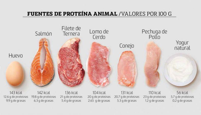 Imagen referencial de algunos alimentos junto a su cantidad de proteínas.