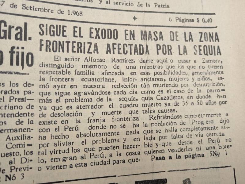 Información publicada por medios de comunicación locales sobre la sequía en Loja, en 1968.