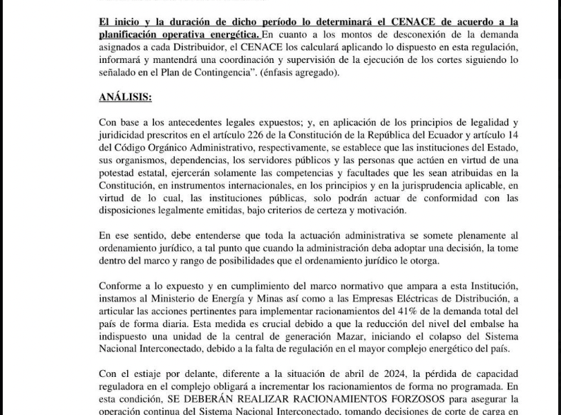 ¿Apagones de hasta 14 horas en Ecuador? Documento de Cenace alerta sobre posible colapso energético