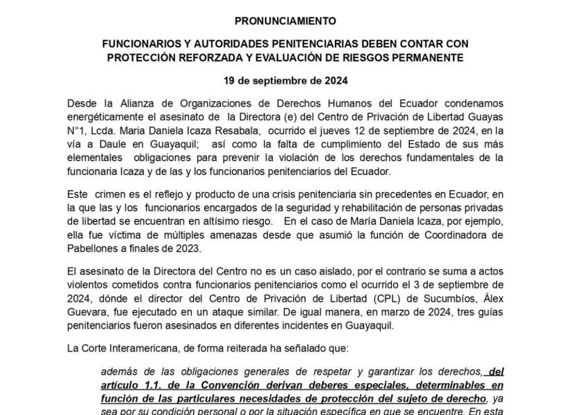 El organismo condenó el asesinato de Daniela Icaza el pasado 12 de septiembre de 2024 en Guayaquil.