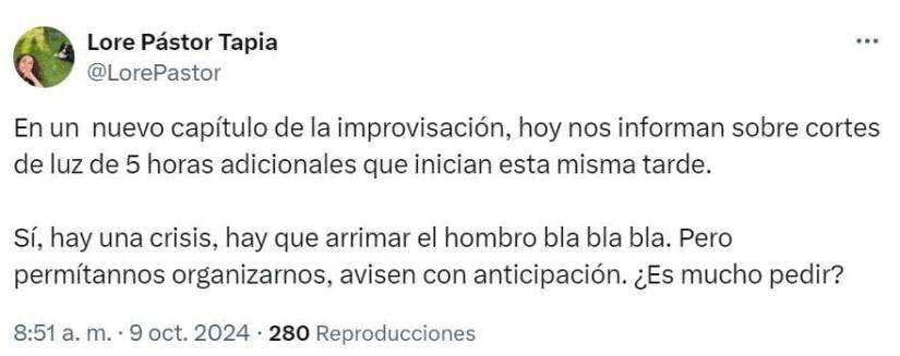 Los cambios constantes en los horarios de cortes de luz confunden y molestan a la ciudadanía