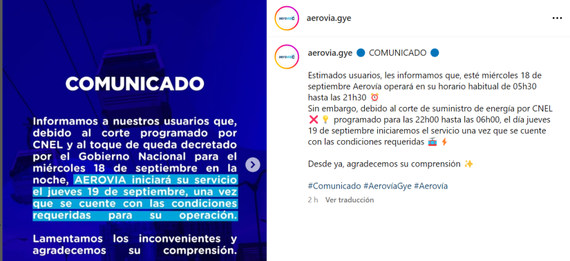 Comunicado de la Aerovía ante los apagones.