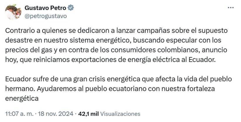 Publicación en X de Gustavo Petro.