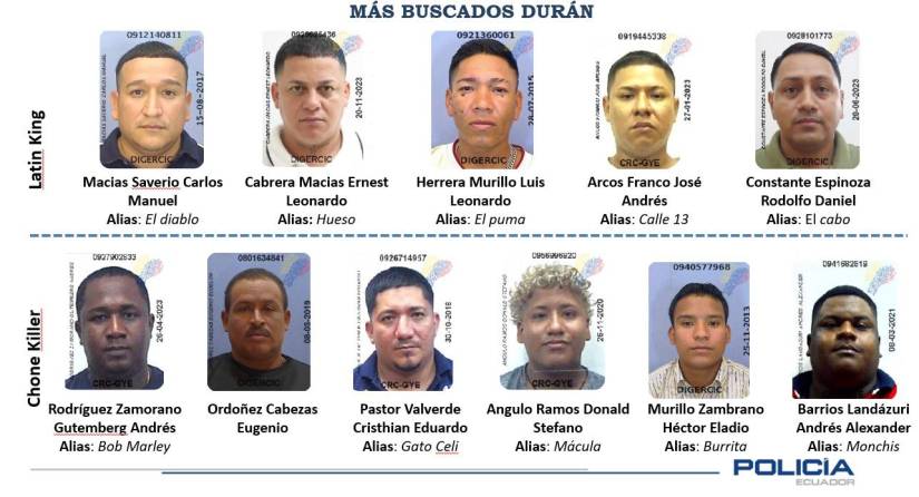 Las autoridades publicaron la lista de los más buscados de Durán, que serían cabecillas de células de los Chone Killer y Latin Kings.