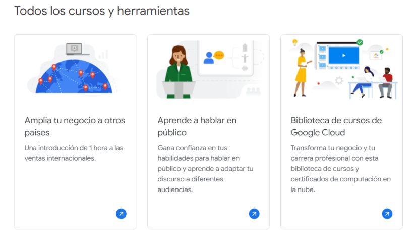 Imagen referencial de algunos cursos y herramientas de Grow with Google