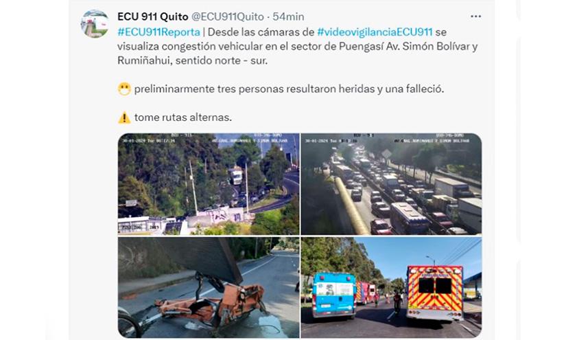 Quito: tres carriles de la avenida Simón Bolívar, en sentido norte-sur, están cerrados por un accidente de tránsito