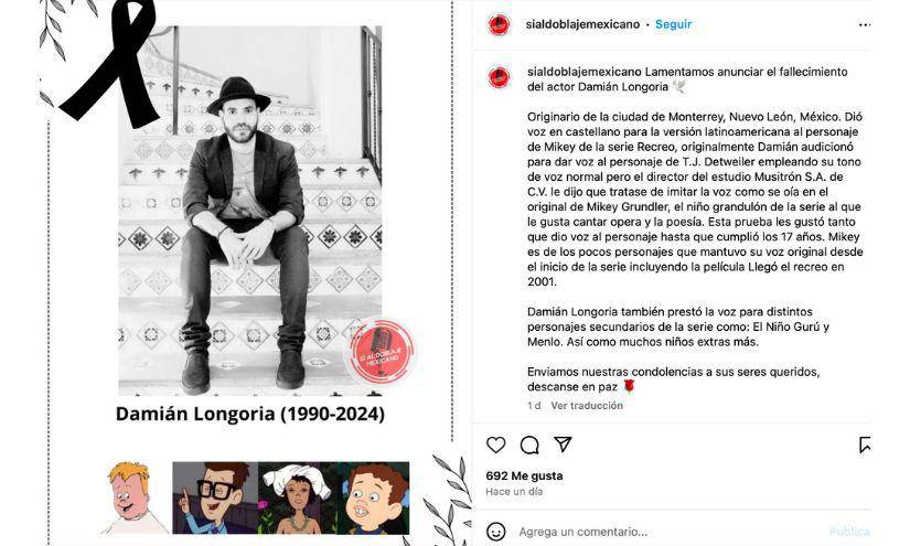 Publicación sobre el deceso de Damián Longoria en Instagram.
