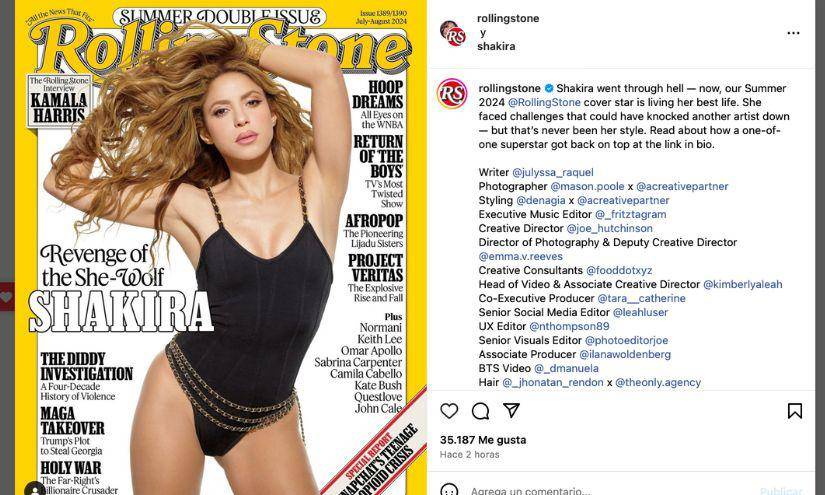 Captura de pantalla de Shakira en la portada de la nueva edición de la revista Rolling Stone.