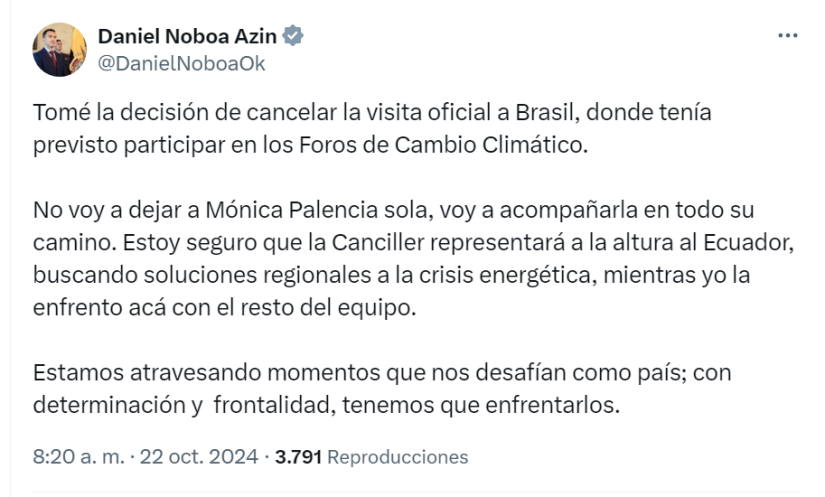 Captura de pantalla del tuit de Daniel Noboa, anunciando que cancela viaje por el juicio político de Mónica Palencia.